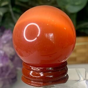 Fiber Optic Glass Red Cat's Eye Polished Sphere Crystal Ball Orb W Stand 1 1/2"